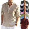 Boutique De Linge LITB | Chemise Homme Chemise Lin Flamme Couleur Unie Henley Rue Decontracte Quotidien Boutonne Manches Courtes Hauts Mode Confortable Respirant Blanc Ete Vacances Vacances Plage Plein Air Leger Sechage