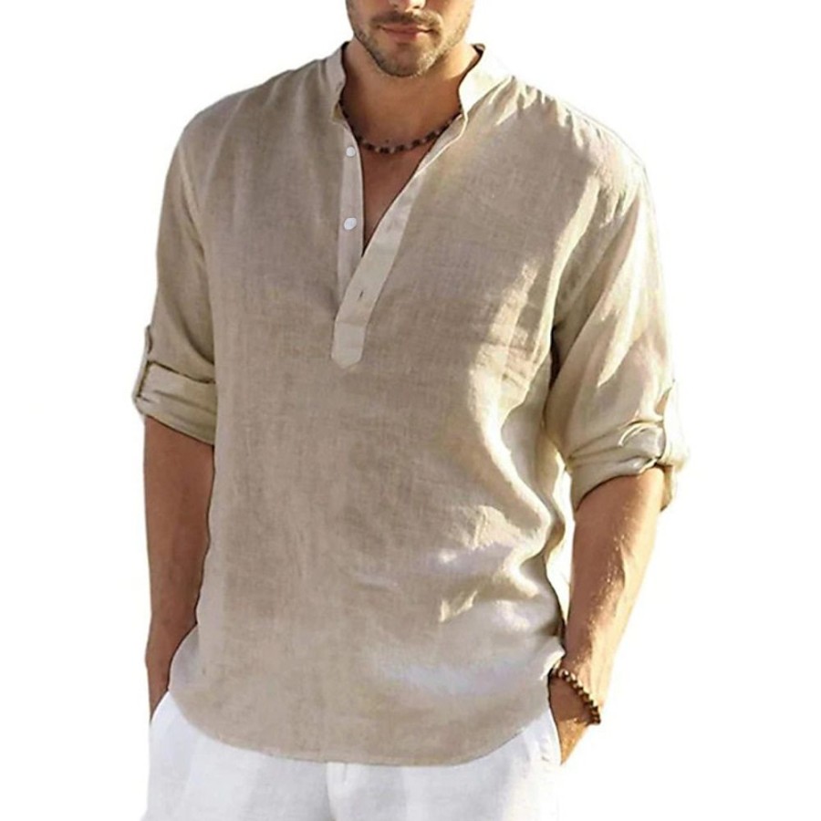 Boutique De Linge LITB | Chemise Homme Chemise Lin Flamme Couleur Unie Henley Rue Decontracte Quotidien Boutonne Manches Courtes Hauts Mode Confortable Respirant Blanc Ete Vacances Vacances Plage Plein Air Leger Sechage