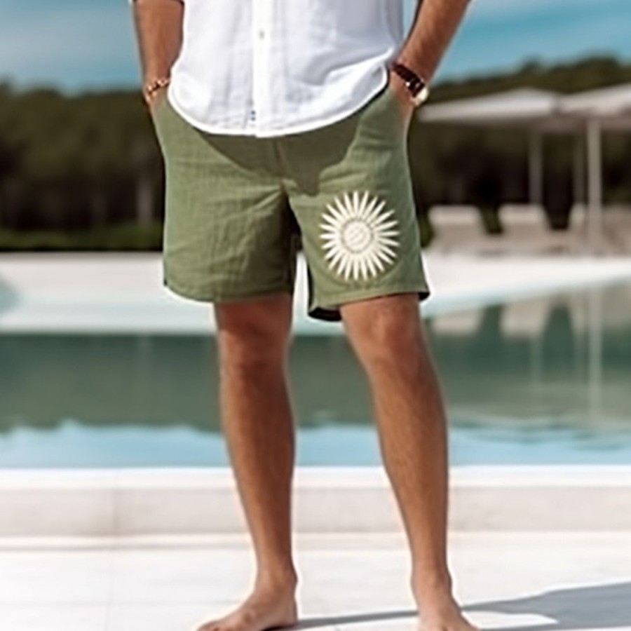 Bas Pour Hommes LITB | Homme Short Short En Lin Short D Ete Cordon Taille Elastique Jambe Droite Broderie Confort Respirable Court Casual Du Quotidien Vacances Melange De Lin & Coton Mode Style Classique Vert