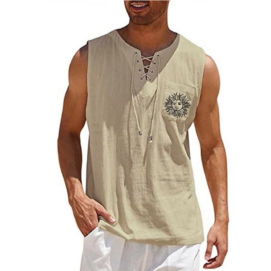 Chemises Pour Hommes LITB | Homme Chemise Col V Mode Design Decontractees Ete Sans Manches Graphic Soleil Estampage A Chaud Col V Exterieur Plein Air Lacet Imprimer Vetements Mode Design Decontractees